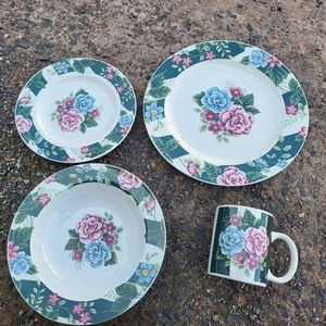 Vtg Tienshan Stoneware 4pc/1 Place Setting~Dinner & Salad Plates, Bowl, Mug